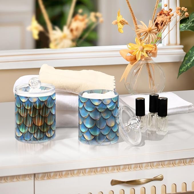 ALAZA 2pcs Blue Mermaid Scale 3D Funny Qtip Holder Dispenser 14 oz Bathroom Storage Clear Apothecary Jars Containers Cotton Ball,Cotton Rounds,Floss Picks, Hair Clips, Food