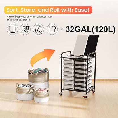120L (31.7 Gal) Laundry Sorter 2 Section, Rolling Laundry Basket with Lockable Wheels and Lid, Laundry Hamper with 2 Separated Removable Bags Dirty Clothes Hamper for Laundry Room, Multicolored