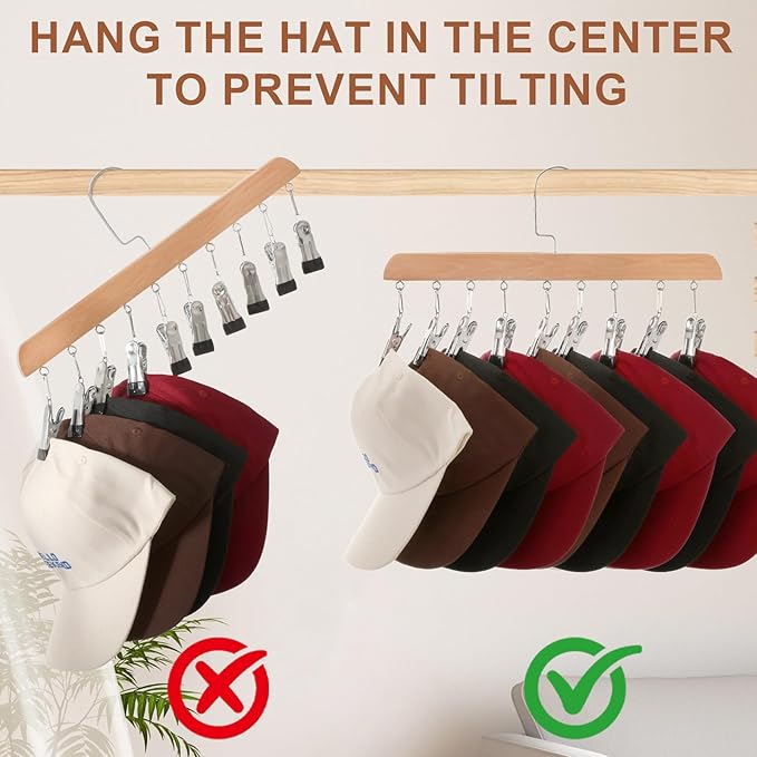 Hat Hangers for Closet, Hat Organizer for Baseball Caps, 2 Pack Hat Rack with 10 Traceless Clips Fits All Caps & Pants, 360° Swivel Big Hook Closet Organizer and Storage (Natural Wood Color)