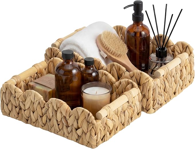StorageWorks Toilet Paper Basket 2 Pack, Back of Toilet Basket with Wooden Handles, Small Wicker Decorative Scalloped Baskets for Organizing, Living Room Storage, Natural Water Hyacinth