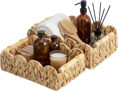 StorageWorks Toilet Paper Basket 2 Pack, Back of Toilet Basket with Wooden Handles, Small Wicker Decorative Scalloped Baskets for Organizing, Living Room Storage, Natural Water Hyacinth