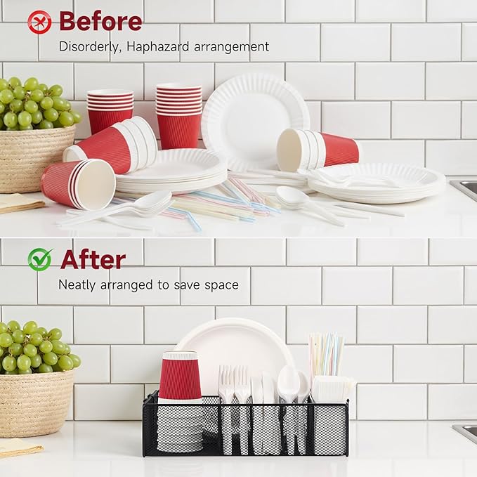 Utensil Caddy with Handle, Metal Paper Plate Holder for Kitchen Counter,Silverware Cutlery Caddy Organizer Flatware Storage for Plastic Spoon Fork Plates Napkins Cup Party Camping Black