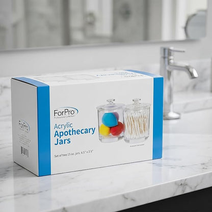 ForPro Clear Acrylic Apothecary Jars with Lids, Set of 2 Shatterproof Qtip Holder & Cotton Ball Container, 15 Oz Bathroom Vanity Organizer Canister for Kitchen & Office Decor, 4.5" x 3.5"