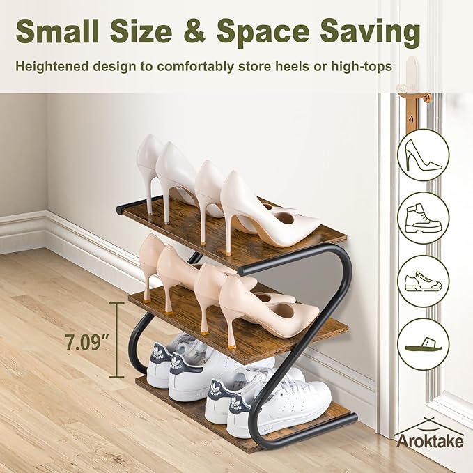 Small 3-Tier Shoe Rack Organizer, S-Shaped Wooden Shoe Shelf with Durable Metal Shelves, Free Standing Shoe Storage for Entryway, Hallway, Living Room, Closet, Bedroom (17.2”), Rustic Brown