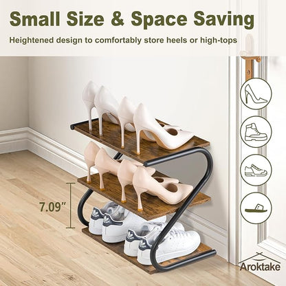 Small 3-Tier Shoe Rack Organizer, S-Shaped Wooden Shoe Shelf with Durable Metal Shelves, Free Standing Shoe Storage for Entryway, Hallway, Living Room, Closet, Bedroom (17.2”), Rustic Brown