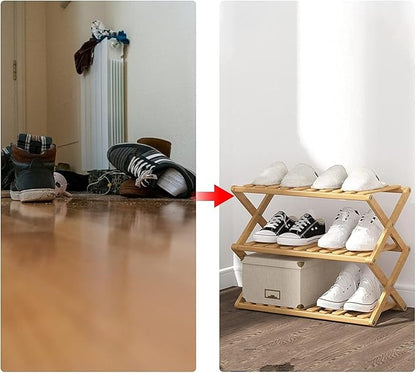 3 Tier Bamboo Shoe Rack,Portable Folding Shoe Storage Rack,Without Installation Small Shoe Rack Perfect for Corridors, Bedrooms and Small Spaces (3 Tier)
