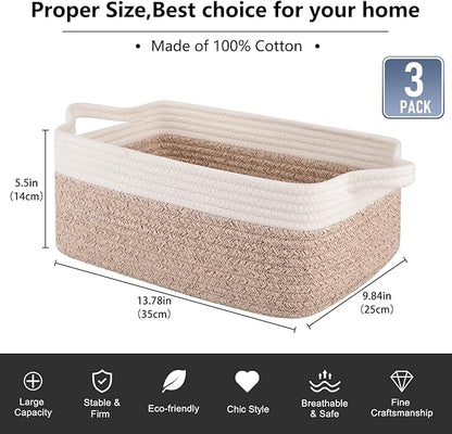 OIAHOMY 3 Pack Storage Baskets for Organizing, Woven Cotton Rope Basket for Shelves, Closet Organizer Bins with Handles, Rectangle Toy Organization, 13.78''×9.84''×5.5'', Brown & White