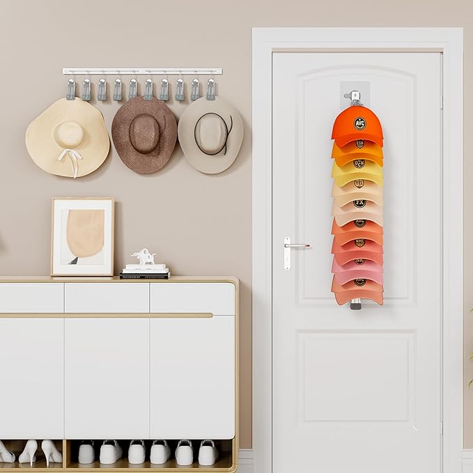SWTYMIKI Hat Organizer for Baseball Caps - 2 Pack Hat Rack for Wall with Strong Adhesive and 10 Clips, Storage Display Holds up to 20 Caps for Bedroom, Closet, Two Mounting Option（Silver）