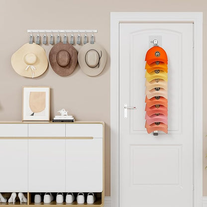 SWTYMIKI Hat Organizer for Baseball Caps - 2 Pack Hat Rack for Wall with Strong Adhesive and 10 Clips, Storage Display Holds up to 20 Caps for Bedroom, Closet, Two Mounting Option（Silver）