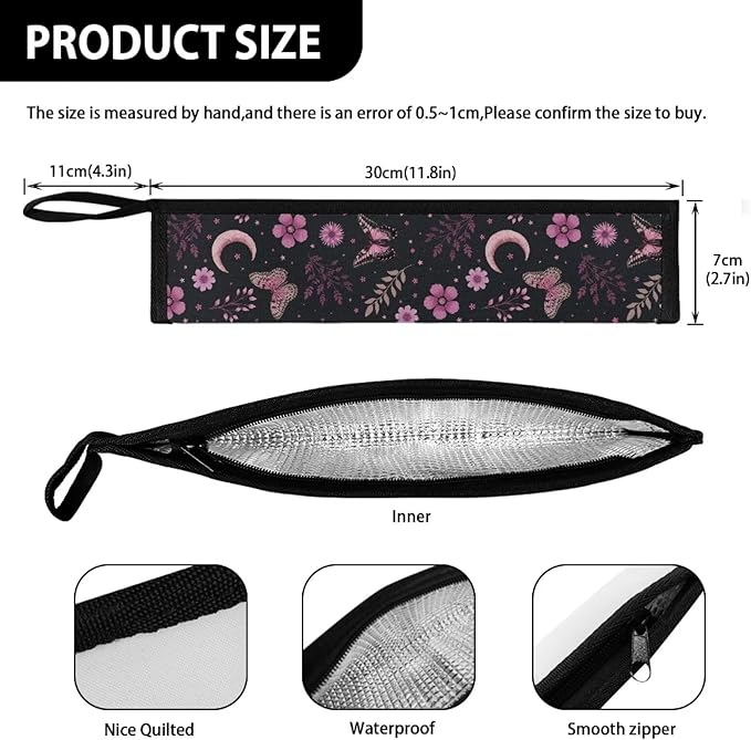COEQINE Black Utensil Holder Case for Fork Spoon Knife Organizer,Pink Buttterfly Moon Leafproof Travel Spoon Case With Handles Machine Washable Portable Cutlery With Zipper