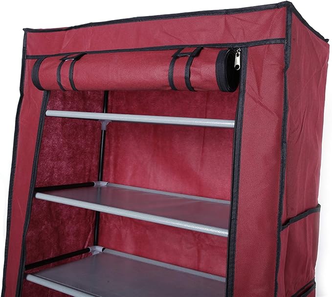 lapday 10 Tier Shoe Rack with Covers, Narrow Tall Shoe Shelf with Side Pocket, Free Standing Shoe Storage Cabinet for Closet Hallway,Bedroom,Entryway (Wine Red)