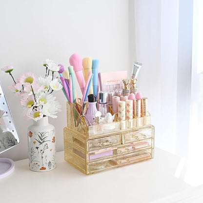 Ikee Design Acrylic Makeup Organizer with 4 Drawers Removable Top Lipstick Holders, Cosmetics Organizer for Skincare, Accessories, Lip Gloss for Vanity or Bathroom Countertop, Gold Glitter