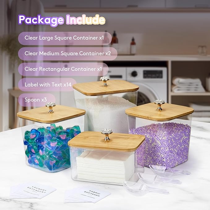 POLRAI 4 Pack Laundry Pod Containers and Dryer Sheet Holder, Laundry Room Organization Storage Containers with Lids and Labels for Detergent Pods Dry Sheet Organizing