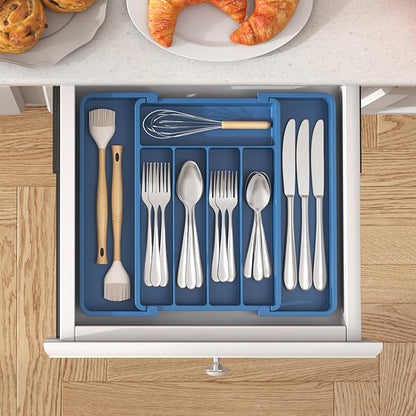 Lifewit Silverware Drawer Organizer, Expandable Utensil Tray for Kitchen, BPA Free Flatware and Cutlery Holder, Adjustable Plastic Storage for Spoons Forks Knives, 8.5"-14.1" x 12.1", Dark Blue
