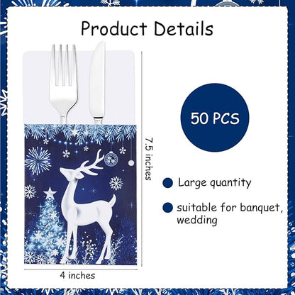 50pcs Christmas Utensil Holder Blue Xmas Deer Flatware Tableware Holder Bags Disposable Winter Knifes Forks Silverware Bags for Christmas Party Table Decoration Supplies
