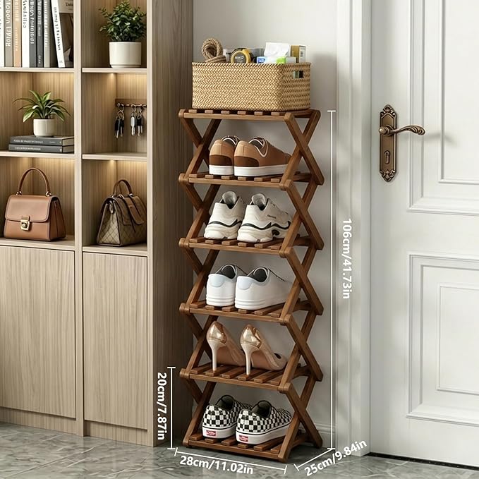 Narrow Shoe Rack, Foldable Bamboo Shoes Shelf for Small Spaces, Multifunctional Vertical Shoe Organizer Tall for Entryway, Closet, Corner, Bedroom, Hallway (Brown, 6 Layers)