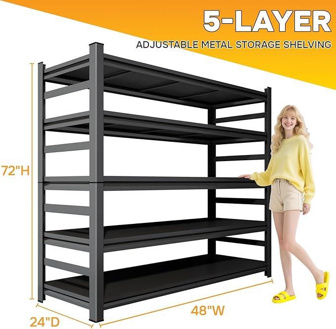 48"W*24"D Metal Garage Shelving, 5-Tier Heavy Duty Storage Shelves with Side Fences, Easy to Assemble, Adjustable, Steel Utility Shelf Rack for Warehouse, Pantry, Closet, Black, 73 Inches High