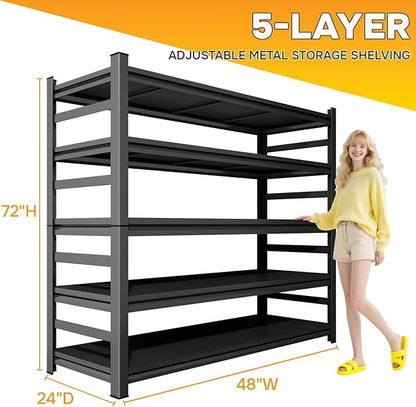 48"W*24"D Metal Garage Shelving, 5-Tier Heavy Duty Storage Shelves with Side Fences, Easy to Assemble, Adjustable, Steel Utility Shelf Rack for Warehouse, Pantry, Closet, Black, 73 Inches High