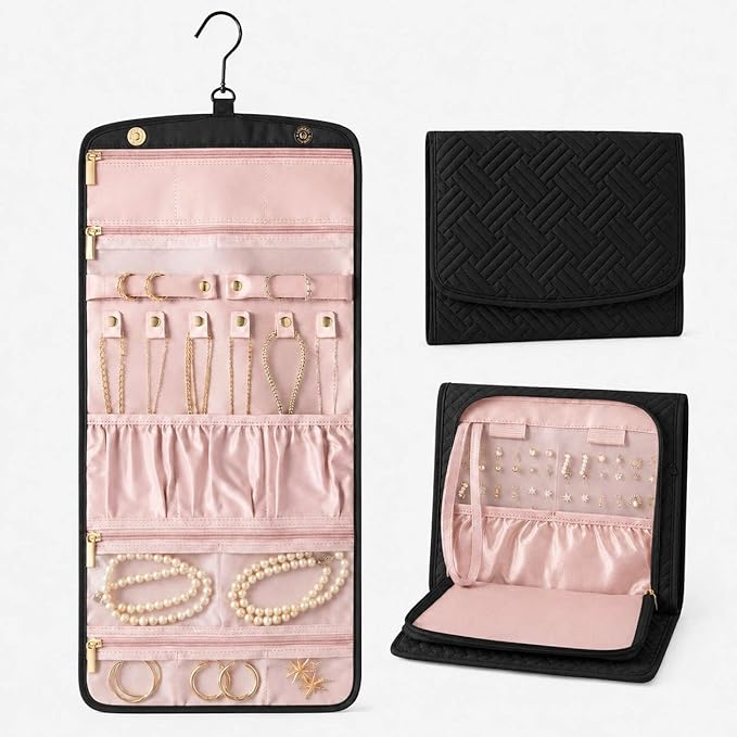 Jewelry Organizer with Hanger,Hanging Jewelry Organizer, Portable Travel Jewelry Bag,Foldable Storage for Earrings, Rings, and Watches; Can Be Hung on Wardrobes, Walls, or Doors, Black