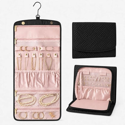 Jewelry Organizer with Hanger,Hanging Jewelry Organizer, Portable Travel Jewelry Bag,Foldable Storage for Earrings, Rings, and Watches; Can Be Hung on Wardrobes, Walls, or Doors, Black