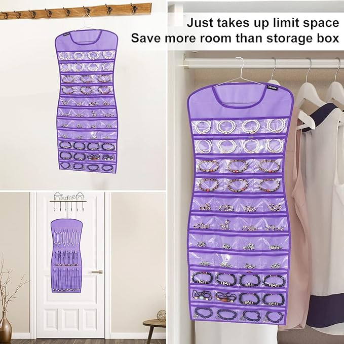 Dual sided Jewelry Hanging Organizer Closet Necklace Holder for Earrings Bracelets Rings with 42 Clear Pockets and 17 Hook Loops (Purple