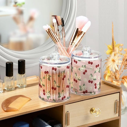 Milk Cow Qtip Holder with Lid 2PCS Apothecary Jars Storage Containers, Clear Plastic Canister for Cotton Swab,Floss Picks, Cosmetics (Sweet Cherrys, one sizex2)