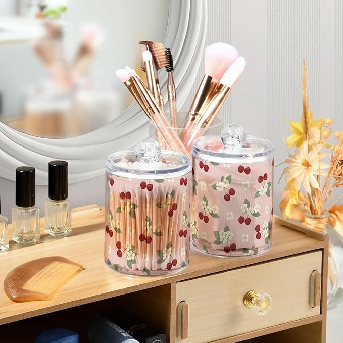 Milk Cow Qtip Holder with Lid 2PCS Apothecary Jars Storage Containers, Clear Plastic Canister for Cotton Swab,Floss Picks, Cosmetics (Sweet Cherrys, one sizex4)