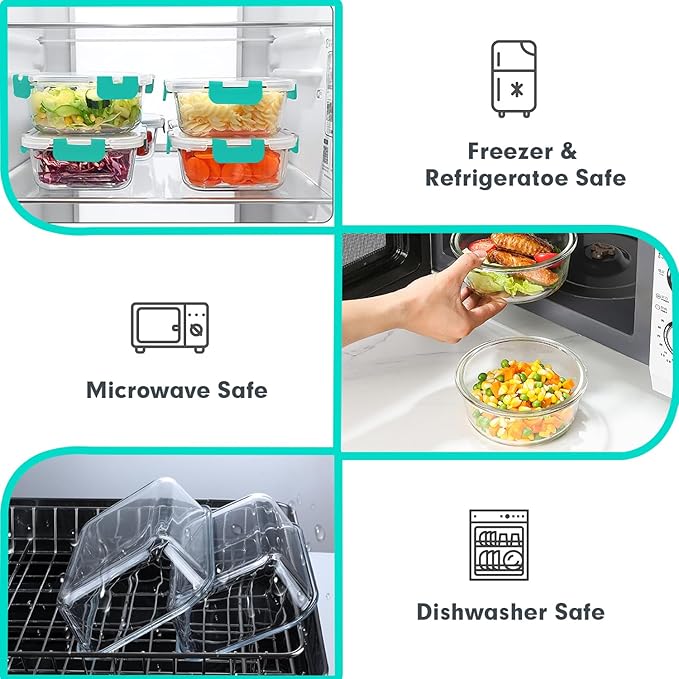 VERONES 30 Pieces Glass Meal Prep Containers Set, Stackable Glass Food Storage Containers with Lids-Airtight Lunch Containers，for Microwave, Oven, Freezer & Dishwasher,Green