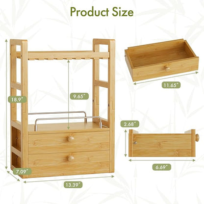 AmazerBath Bamboo Bathroom Countertop Organizer, 2-Tier Makeup Organizer with 2 Drawers, Vanity Organizer Storage Coffee Matcha Station, Compact Shelf for Bathroom Kitchen Office