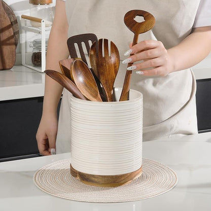 DOWAN 360° Rotating Extra Large Cooking Utensil Holder, 7.6" Kitchen Utensil Holder for Countertop, Utensil Crock for Farmhouse Kitchen Decor, Ceramic Stable Utensil Caddy, Soft White