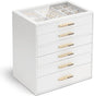 VLANDO 6 Layer Jewelry Box for Women, Glass Lid Jewelry Organizer with 6 Drawers for Necklaces Rings Earrings Bracelets - White
