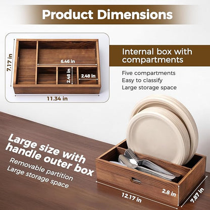 Utensil Holder for Party,Paper Plate Holders,Wood Silverware Organizer for Kitchen Countertop,Silverware Caddy,Essentials for Parties,Cutlery Flatware Organizer for Spoons Forks Napkins Cup,Set of 2
