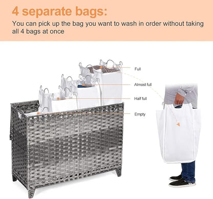 Laundry Hamper with 4 Removable Liner Bags; 176L Handwoven Rattan Laundry Basket with Lid & Heightened Feet; Clothes Hamper with Side Handles