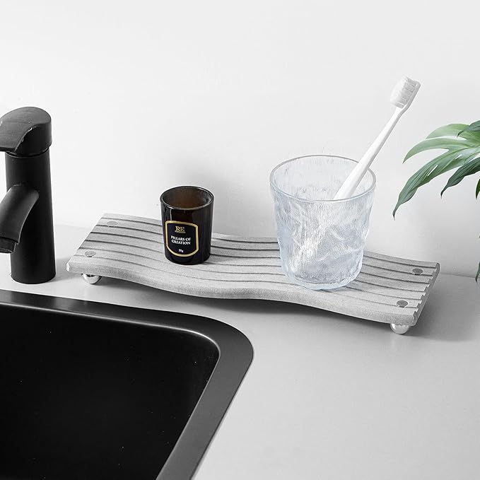 Water Absorbing Stone Tray for Sink,Quick Drying Diatomaceous Earth Coasters Sink Caddy Organizer,Soap Dish Holder & Toothbrush Holder for Bathroom Counter， Toiletries（Grey, 11.8" x 4.33"）