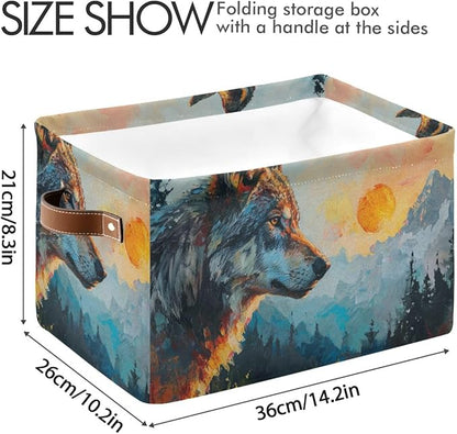 Storage Basket Wolf in The Sunrise Pattern Durable Canvas Collapsible Toy Box Organizer Bin with Handles for Shelf Closet Bedroom Home Office