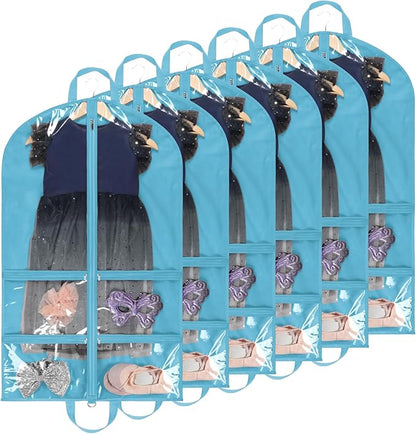 KEEGH Clear Garment Bags for Dance Costumes 40 inch Dance Garment Bags for Dancers Hanging Clothes for Closet Storage, with 4 Zipper Pockets for Dance Competitions, Ballet, Theatre, 6 Pack, Blue