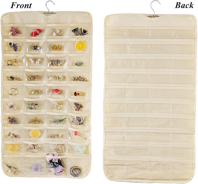 Bloss Hanging Jewelry Organizer, Double Sided 80 Pocket Jewelry Chain Storage Bag 2 Layer of Fabric Jewelry Organizer Holder for Necklace Bracelet Earring Ring Chain(Beige)