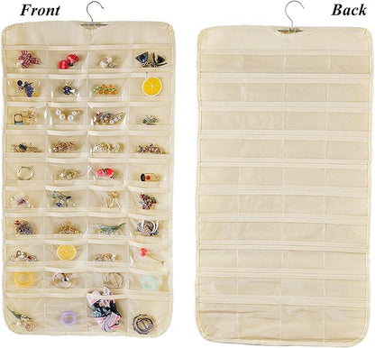 Bloss Hanging Jewelry Organizer, Double Sided 80 Pocket Jewelry Chain Storage Bag 2 Layer of Fabric Jewelry Organizer Holder for Necklace Bracelet Earring Ring Chain(Beige)