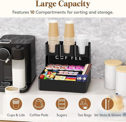 Lifewit 2-tier Coffee Station Organizer Caddy for Countertop, 10 Compartments Coffee Bar Organizers for Cups, Pods, Sugar, Compact Condiment Holders Storage for Office Breakroom Kitchen Home Black
