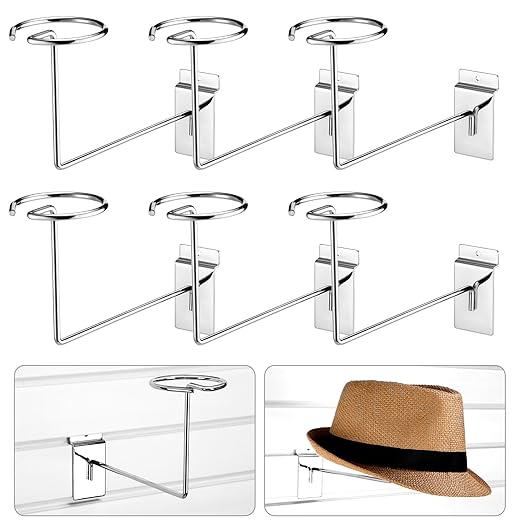 Kigley 6 Pcs Hat Display Wall Mount, Metal Hat Helmet Rack Retail Store Display Shelves Organizer, Slat Wall Accessories for Home Retail Shop Racks Craft Show Garage (Silver)