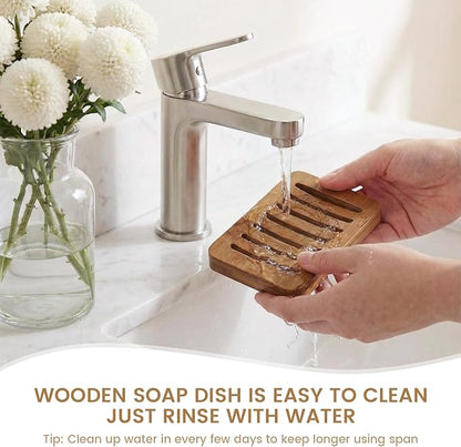 Slotted Bar Wood Soap Dish Self Draining, Wooden Sponge Holder, 1 Pack Curved Slotted Bamboo Soap Dish with Drainage for Shower, Bathroom, Kitchen, Sink, Travel, Packed in A Box (Warm Brown)