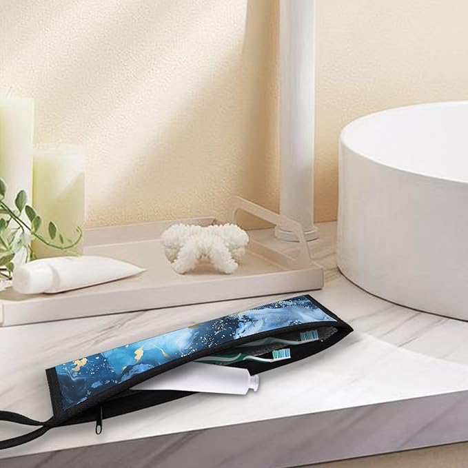 COEQINE Portable Utensil Case Fashion Marble Travel Frok Spoon Knife With Case Keychain Travel Accessories Lightweight Leafproof With Zipper 11.8 x 2.7 inch