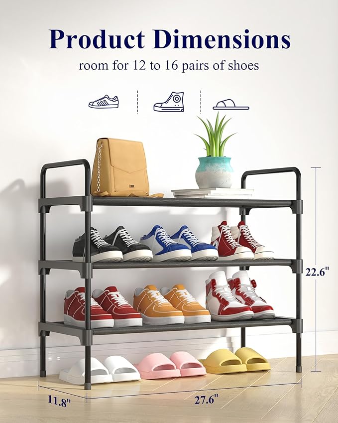 Kitsure Shoe Rack for Closet, Sturdy Shoe Storage for Entryway, Space-Saving Shoe Rack Small and Shoe Shelf, 27.6" Wide, Black