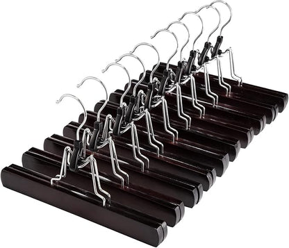 HOUSE DAY Wooden Pants Hangers 10 Pack, Non Slip Wood Skirt Hangers, Wood Jeans/Slack Hanger with 360° Swivel Hook, Clamp Hanger for Skirts, Slacks