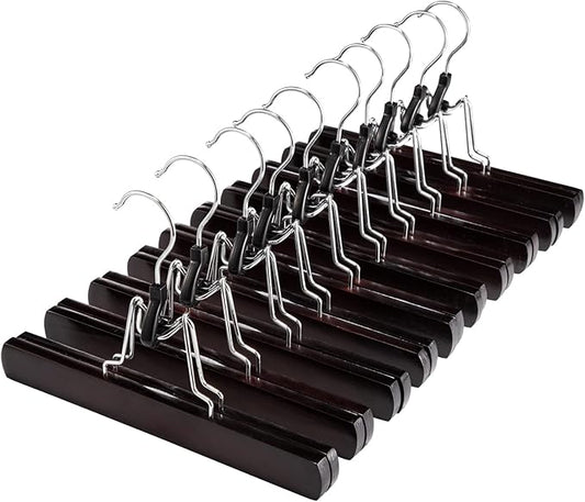 HOUSE DAY Wooden Pants Hangers 10 Pack, Non Slip Wood Skirt Hangers, Wood Jeans/Slack Hanger with 360° Swivel Hook, Clamp Hanger for Skirts, Slacks