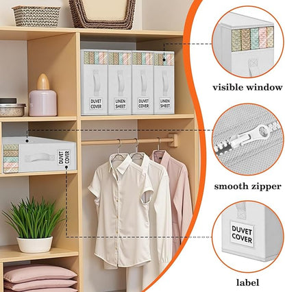 WOWBOX Sheet Organizers and Storage,Closet Bed Sheet Organizer Under Bed Storage and Organization with Label Cards & Clear Window for Bedding Sheets,Duvet Covers,Blankets (10 Pack，White)