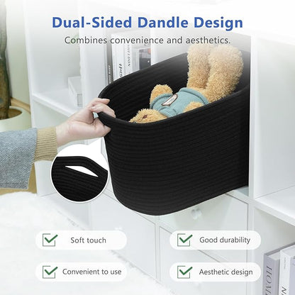 ECDYQXVU Cotton Rope Storage Basket, 15x10x9 Inches, Woven Basket for Shelves, Clothes, Towels, Books, and Laundry, Black (1 Pack)