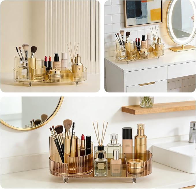 Rotating Makeup Organizer Desktop Cosmetic Storage Box 360° Rotation Beauty Organizer Rack Transparent Gold