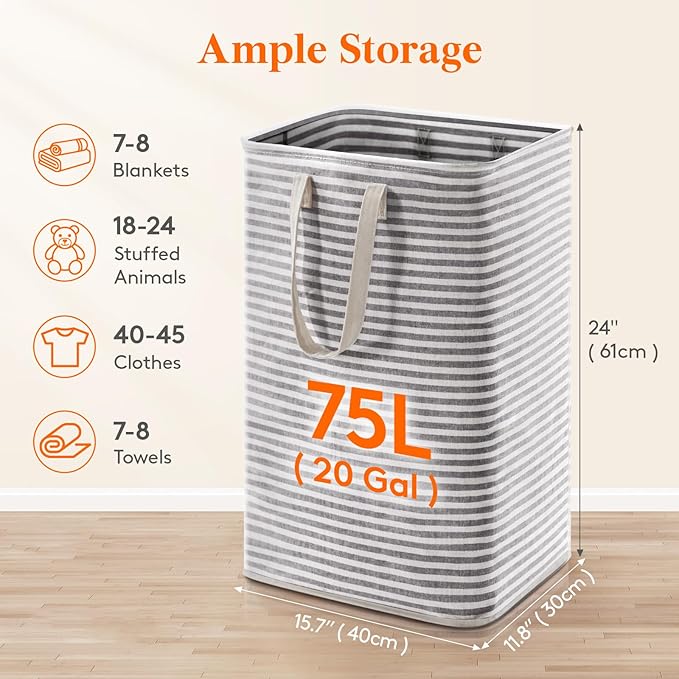 Lifewit 75L Large Collapsible Laundry Hamper, Tall Foldable Dirty Clothes Baskets Waterproof, Freestanding Design with Easy Carry Handles in Dorm Bedroom Bathroom College, Black