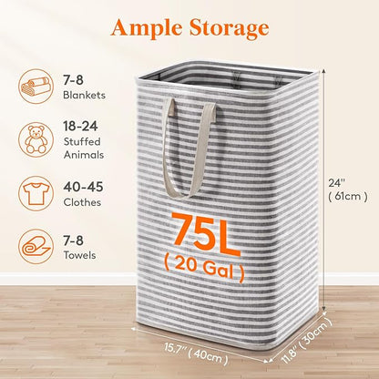Lifewit 75L Large Collapsible Laundry Hamper, Tall Foldable Dirty Clothes Baskets Waterproof, Freestanding Design with Easy Carry Handles in Dorm Bedroom Bathroom College, Black